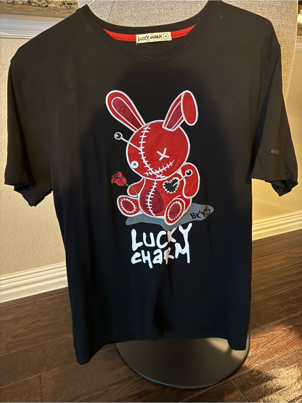 Lucky Charm Black Short Sleeve Tee with Red Bunny Graphic